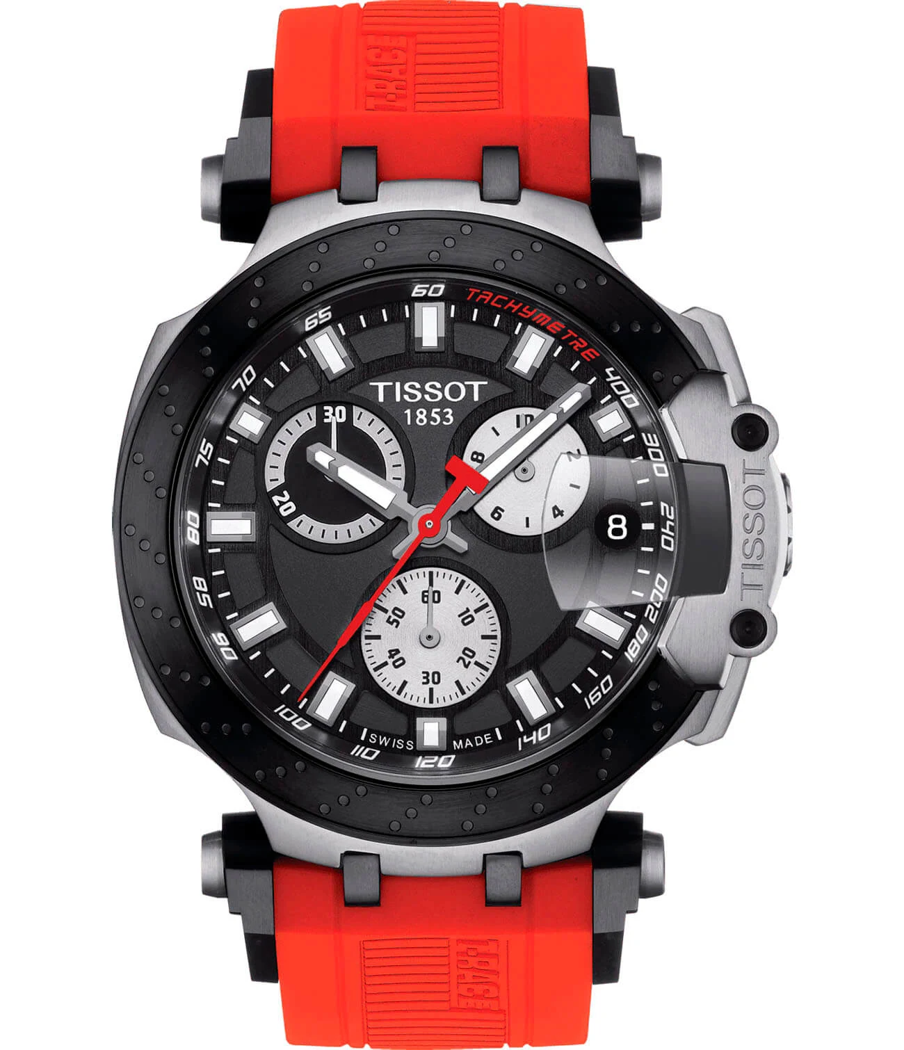 Tissot T-Race Chronograph 43 мм — чёрный циферблат, красный ремешок