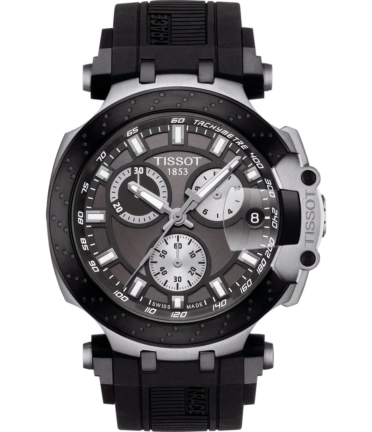 Tissot T-Race Chronograph 43 мм — тёмный циферблат, чёрный ремешок