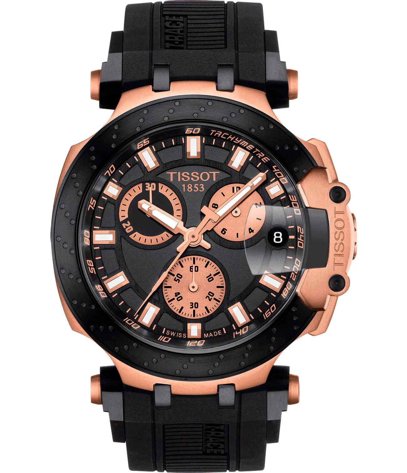 Tissot T-Race Chronograph 43 мм — чёрный циферблат, корпус цвета розового золота, чёрный ремешок