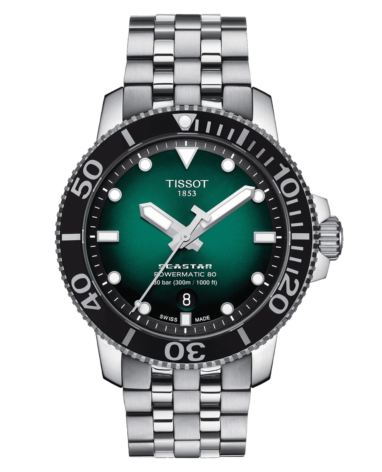 Tissot Seastar 1000 Automatic 43 мм — циферблат с зелёным градиентом