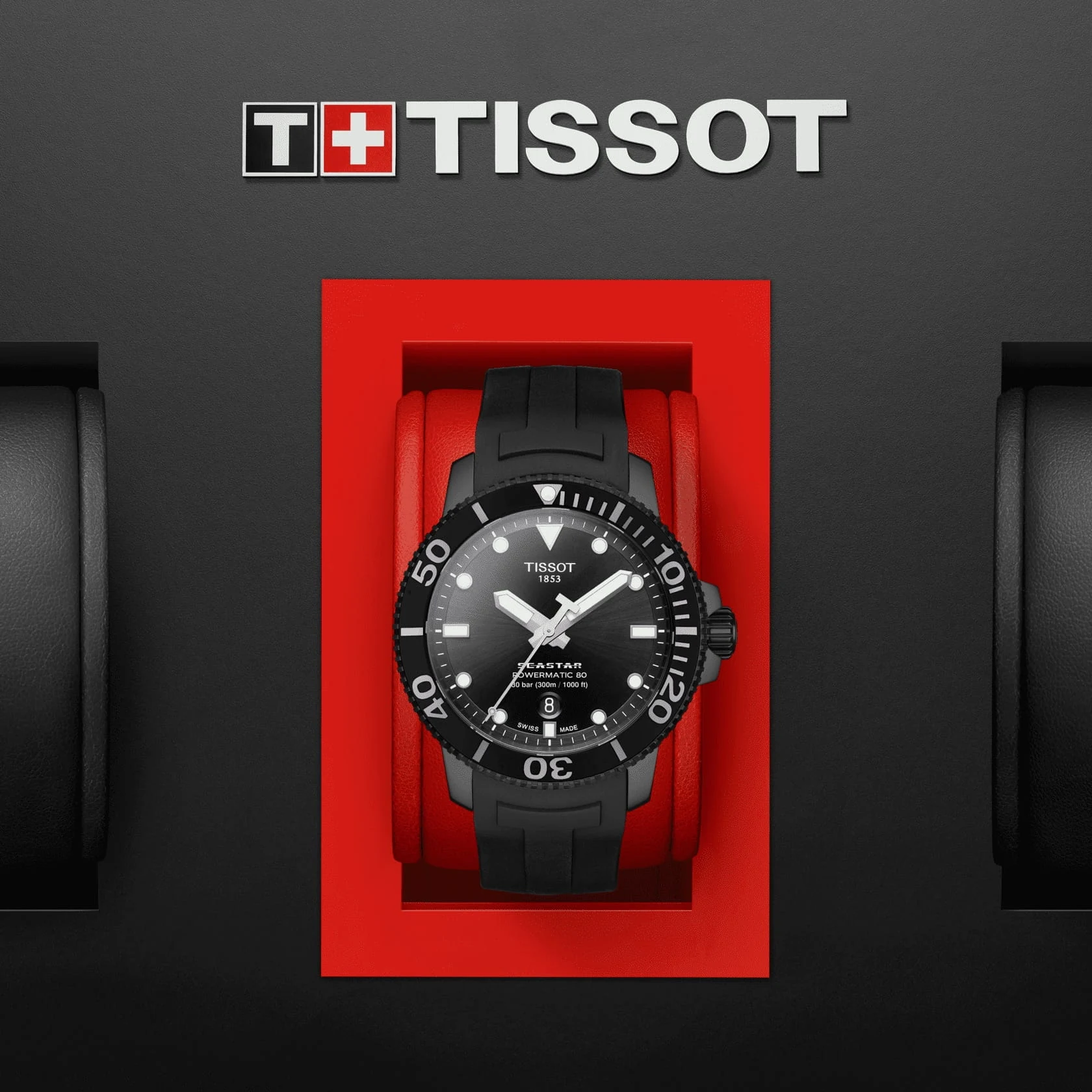Tissot Seastar 1000 Powermatic 80 43 мм — чёрный циферблат, каучуковый ремешок, PVD-покрытие корпуса