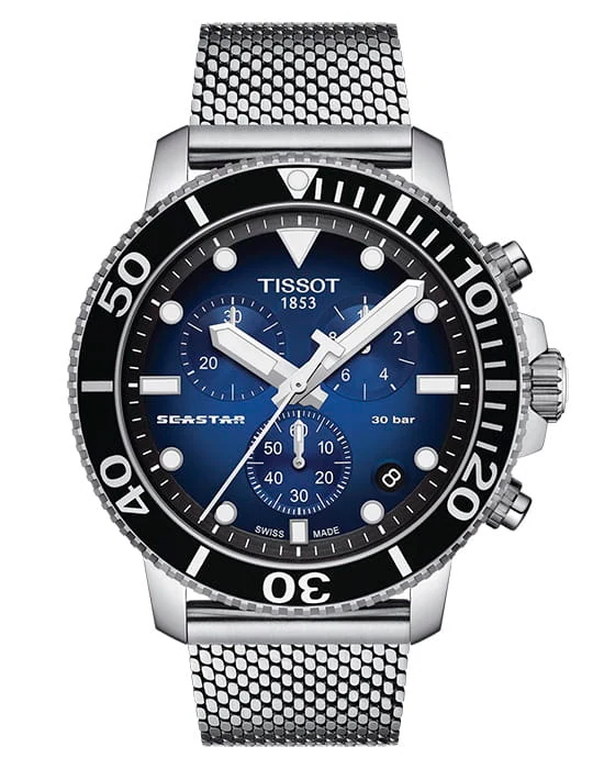Tissot Seastar 1000 Chronograph 45,5 мм — циферблат с синим градиентом, сетчатый стальной… — арт. T120.417.11.041.02