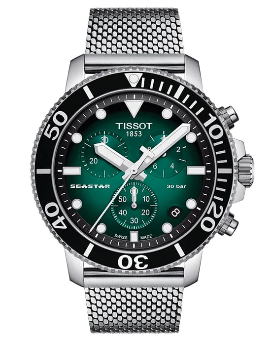 Tissot Seastar 1000 Chronograph 45,5 мм — циферблат с зелёным градиентом