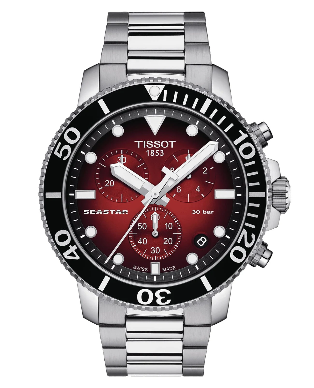 Tissot Seastar 1000 Quartz Chronograph 45,5 мм — циферблат с красным градиентом