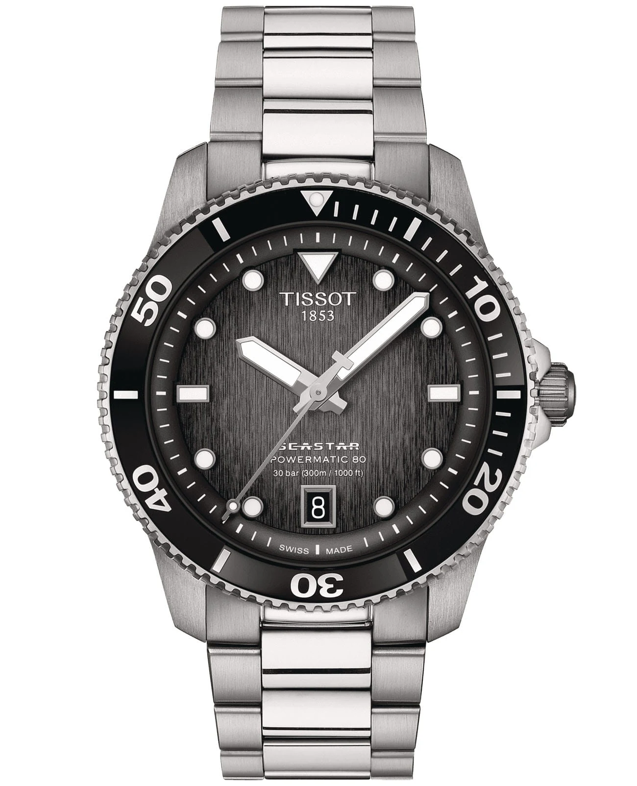 Tissot Seastar 1000 Automatic 40 мм — чёрный циферблат, стальной браслет