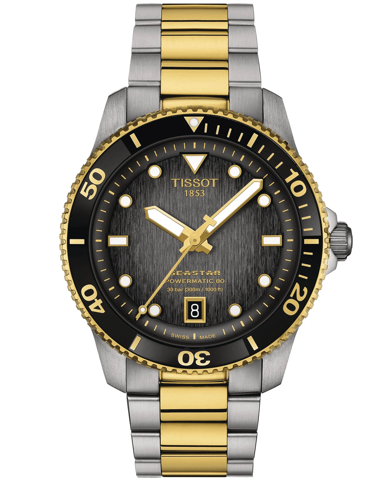 Tissot Seastar 1000 Automatic 40 мм — чёрный циферблат, двухцветный браслет с жёлтым PVD-покрытием