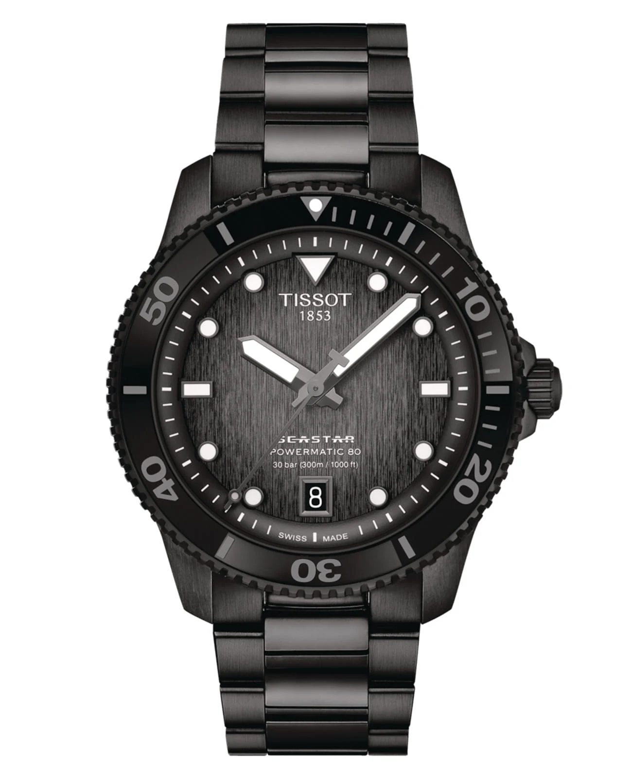 Tissot Seastar 1000 Automatic 40 мм — чёрный циферблат, стальной браслет, PVD-покрытие