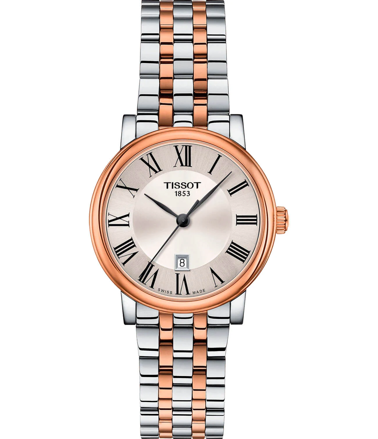 Tissot Carson Premium 30 мм — серебристый циферблат, двухцветный браслет с розовым PVD-покрытием