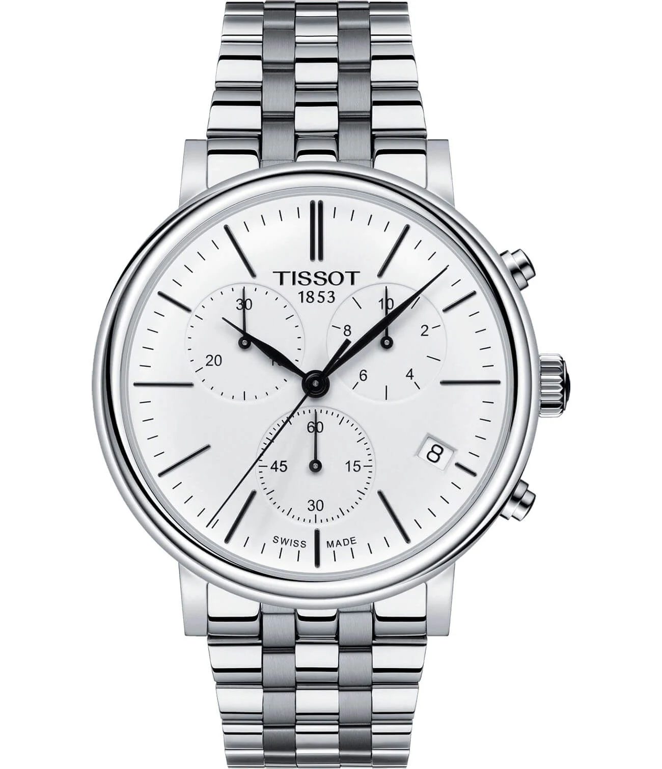 Tissot Carson Premium Chronograph 41 мм — белый циферблат, стальной браслет