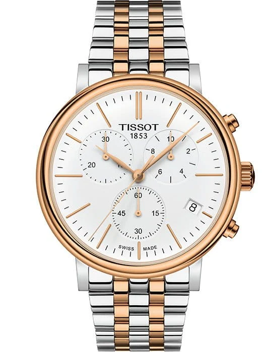 Tissot Carson Premium Chronograph 41 мм — белый циферблат, стальной браслет, PVD-покрытие