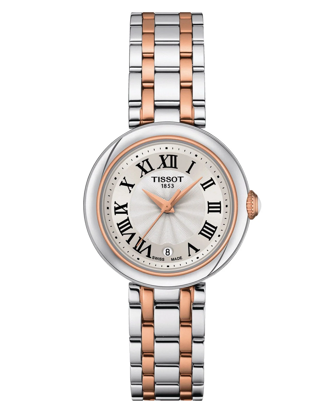 Tissot Bellissima 26 мм — белый циферблат, двухцветный браслет с розовым PVD-покрытием