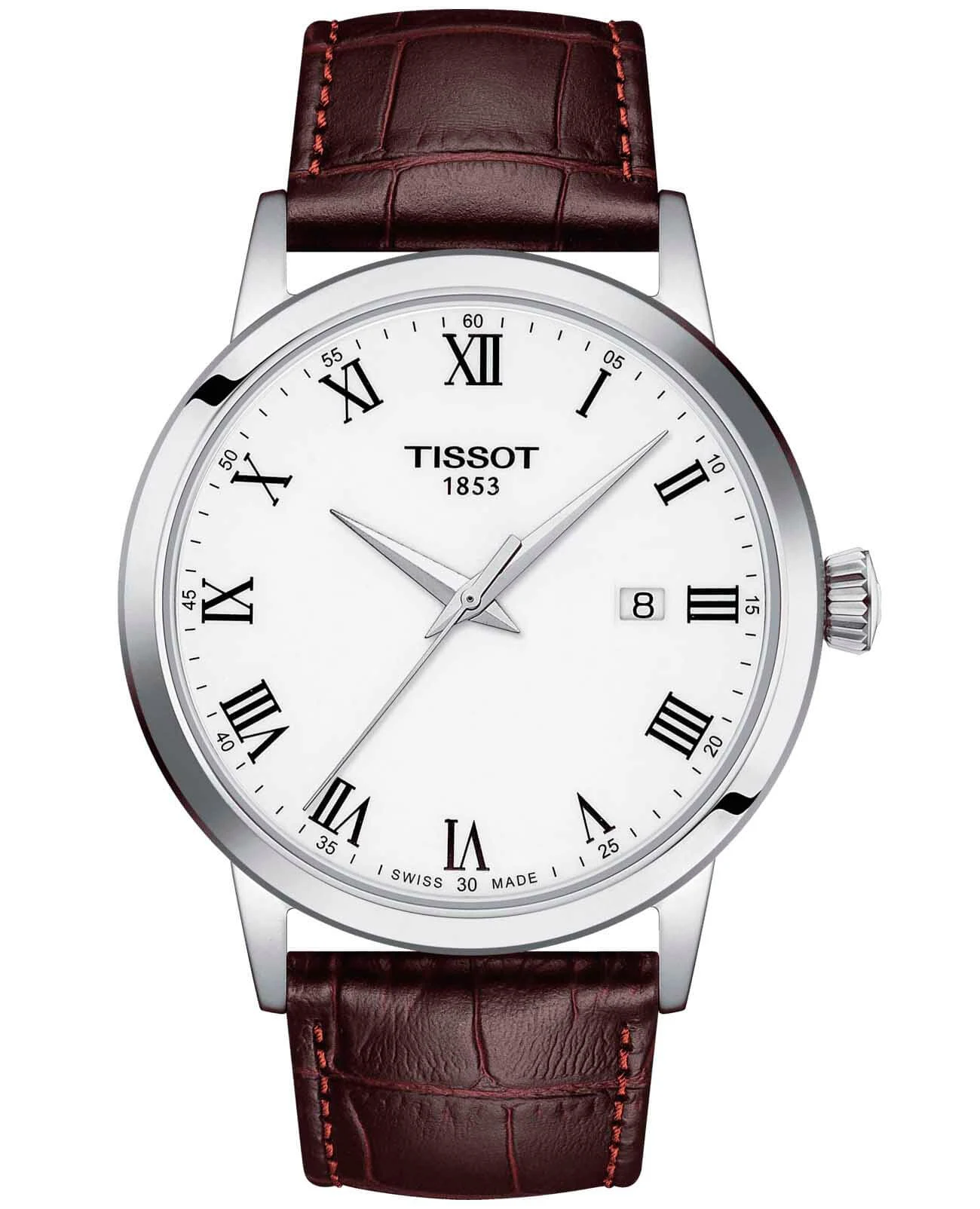 Tissot Classic Dream 42 мм — белый циферблат, коричневый кожаный ремешок