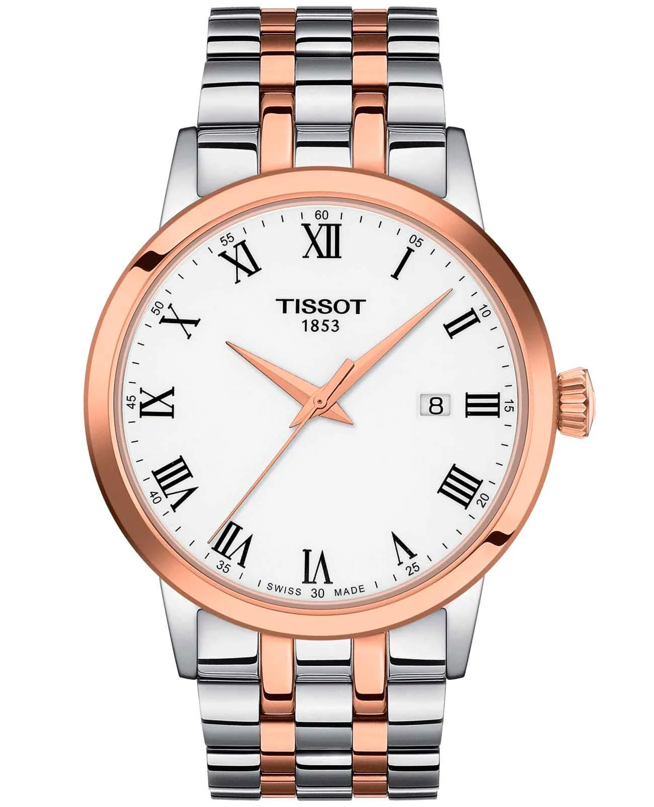 Tissot Classic Dream 42 мм — белый циферблат, стальной браслет, PVD-покрытие