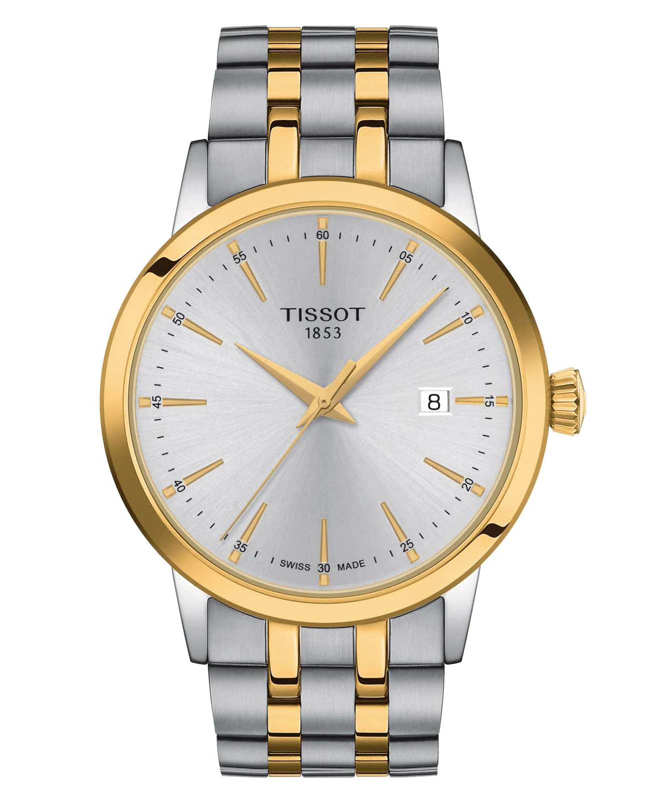 Tissot Classic Dream 42 мм — серебристый циферблат, двухцветный браслет с жёлтым PVD-покрытием