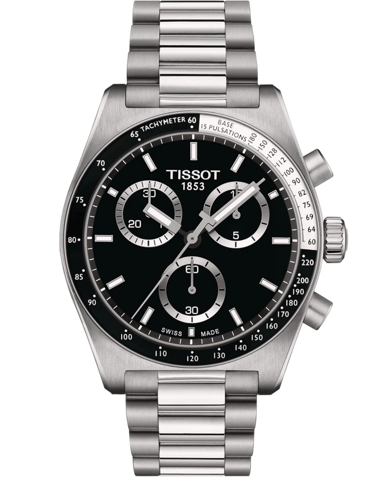 Tissot PR 516 Chronograph 40 мм — чёрный циферблат, стальной браслет