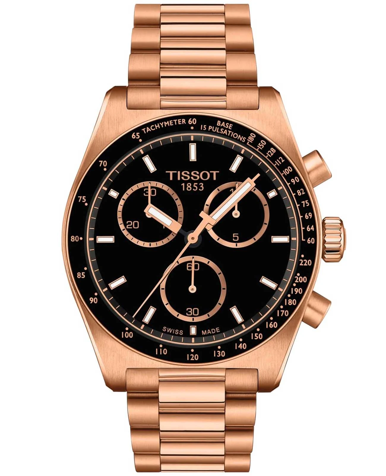 Tissot PR 516 Chronograph 40 мм — чёрный циферблат, браслет с розовым PVD-покрытием