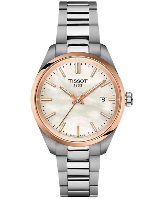 Tissot PR 100 34 мм — белый перламутровый циферблат, стальной браслет