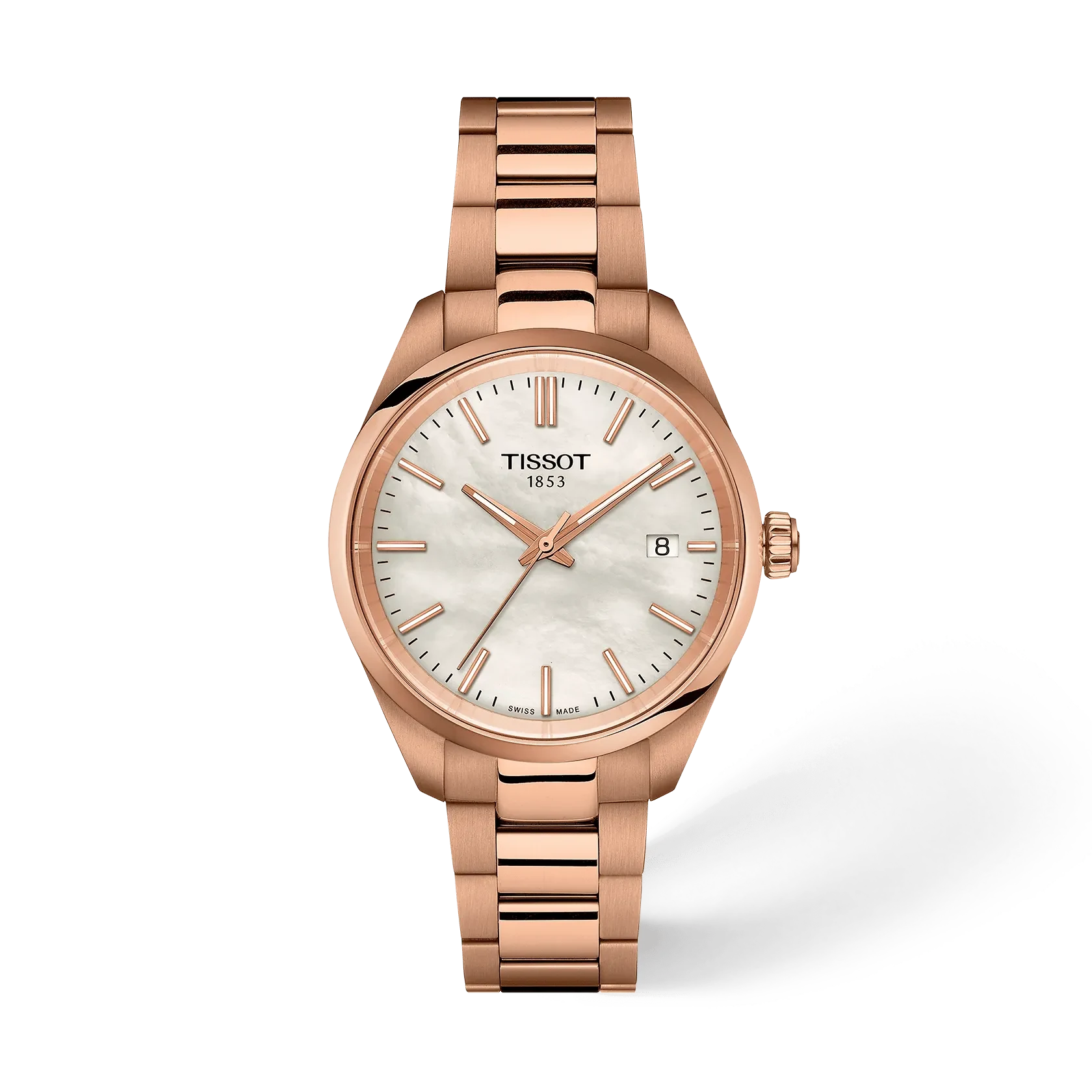 Tissot PR 100 34 мм — белый перламутровый циферблат, браслет с розовым PVD-покрытием