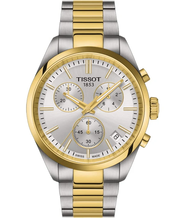 Tissot PR 100 Chronograph 40 мм — серебристый циферблат, двухцветный браслет с жёлтым PVD-покрытием