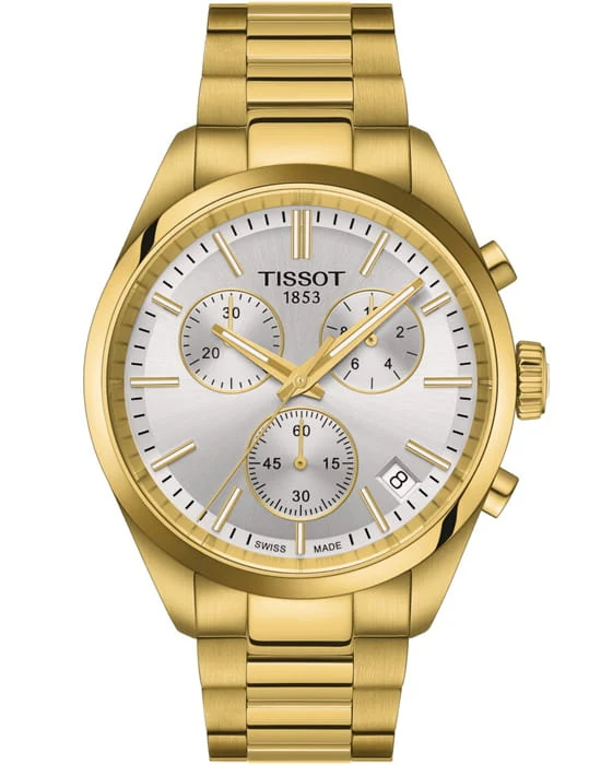 Tissot PR 100 Chronograph 40 мм — серебристый циферблат, браслет с жёлтым PVD-покрытием