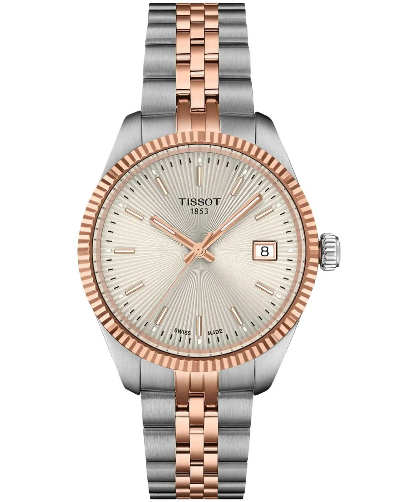 Tissot Ballade 34 мм — серебристый циферблат, двухцветный браслет с розовым PVD-покрытием
